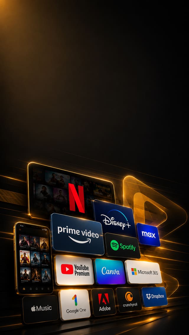 Pantallas con Netflix, Disney+, Prime Video, Max, Spotify, YouTube Premium, Canva y Microsoft 365
